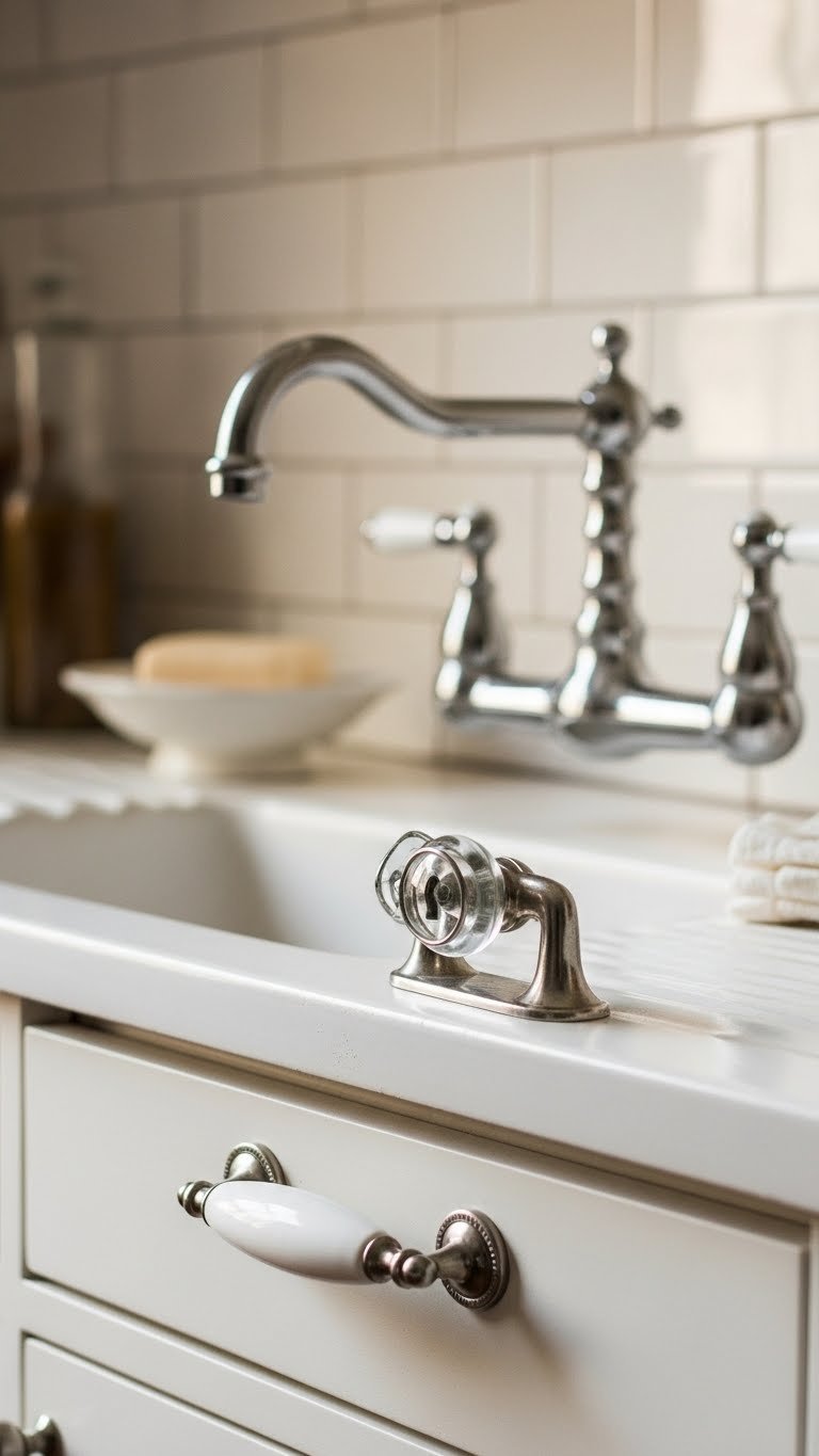 Close-up detail of nickel-plated cabinet hardware or classic bridge faucet in restored 1920s kitchen