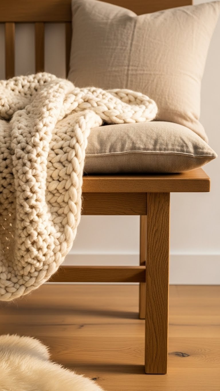Close-up detail of textured wooden bench layered with chunky knit blanket and linen cushion in golden hour light.