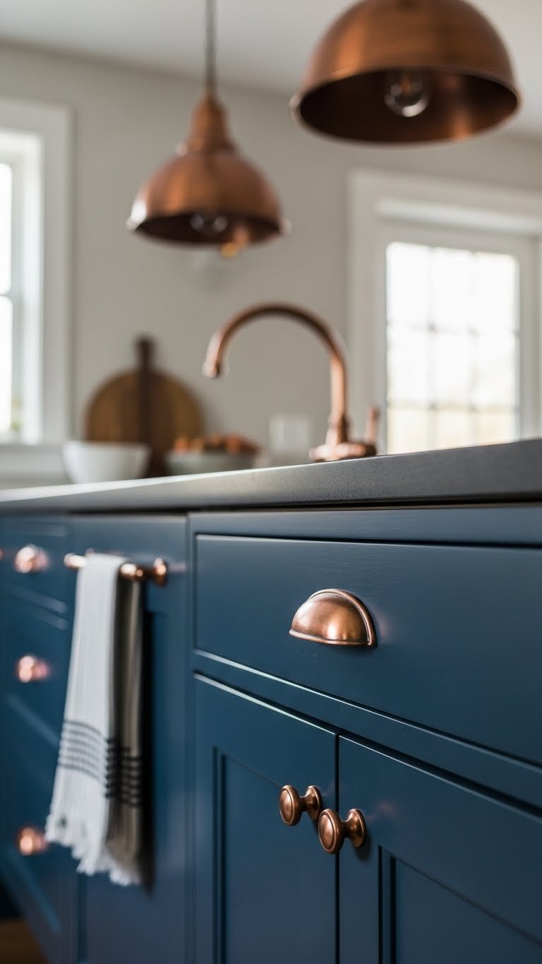 Close-up detail shot of aged copper hardware on navy blue cabinet with patina texture and soft bokeh background