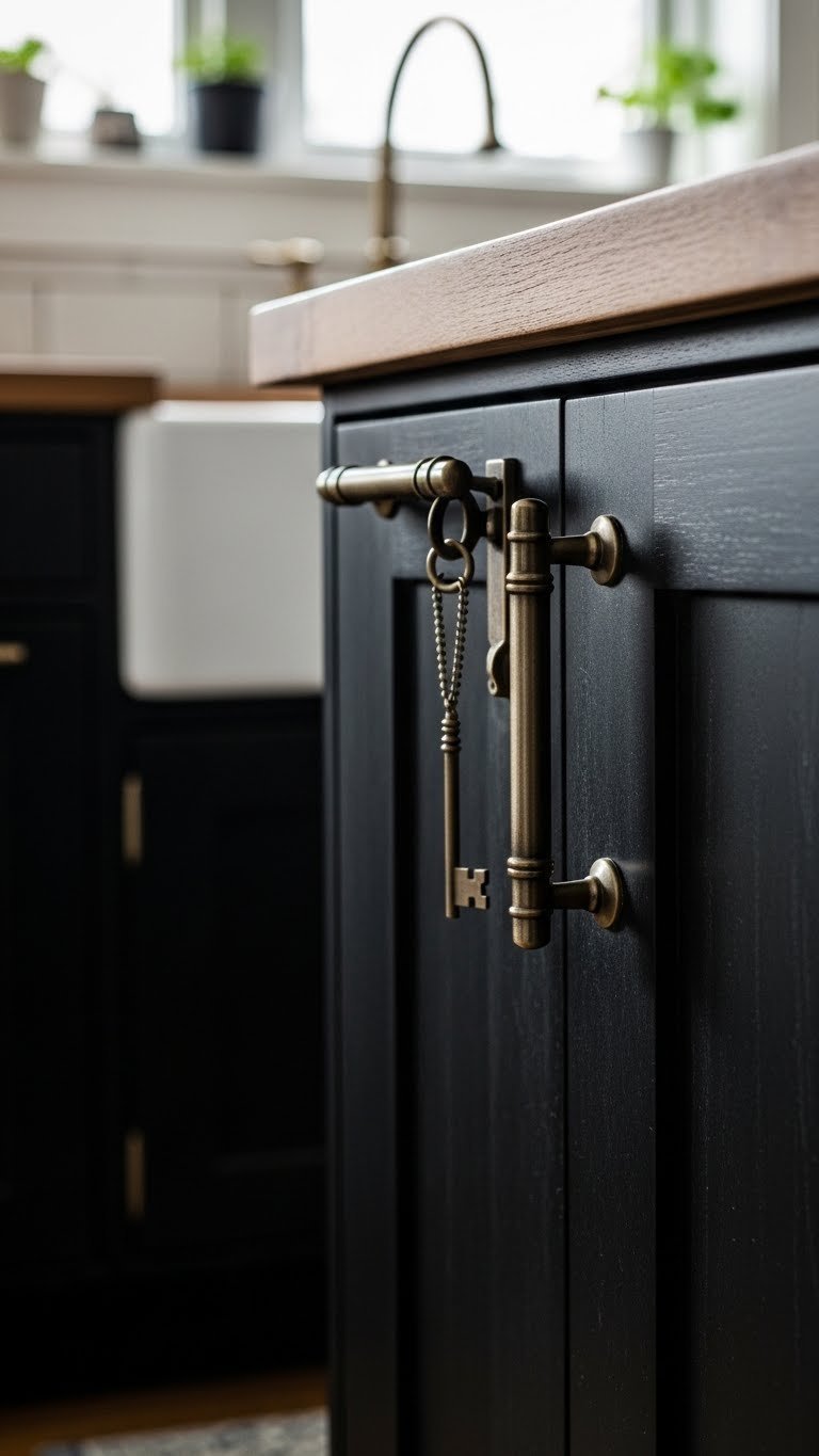 Close-up detail shot of rustic black cabinet door with elegant metallic hardware and wood grain texture