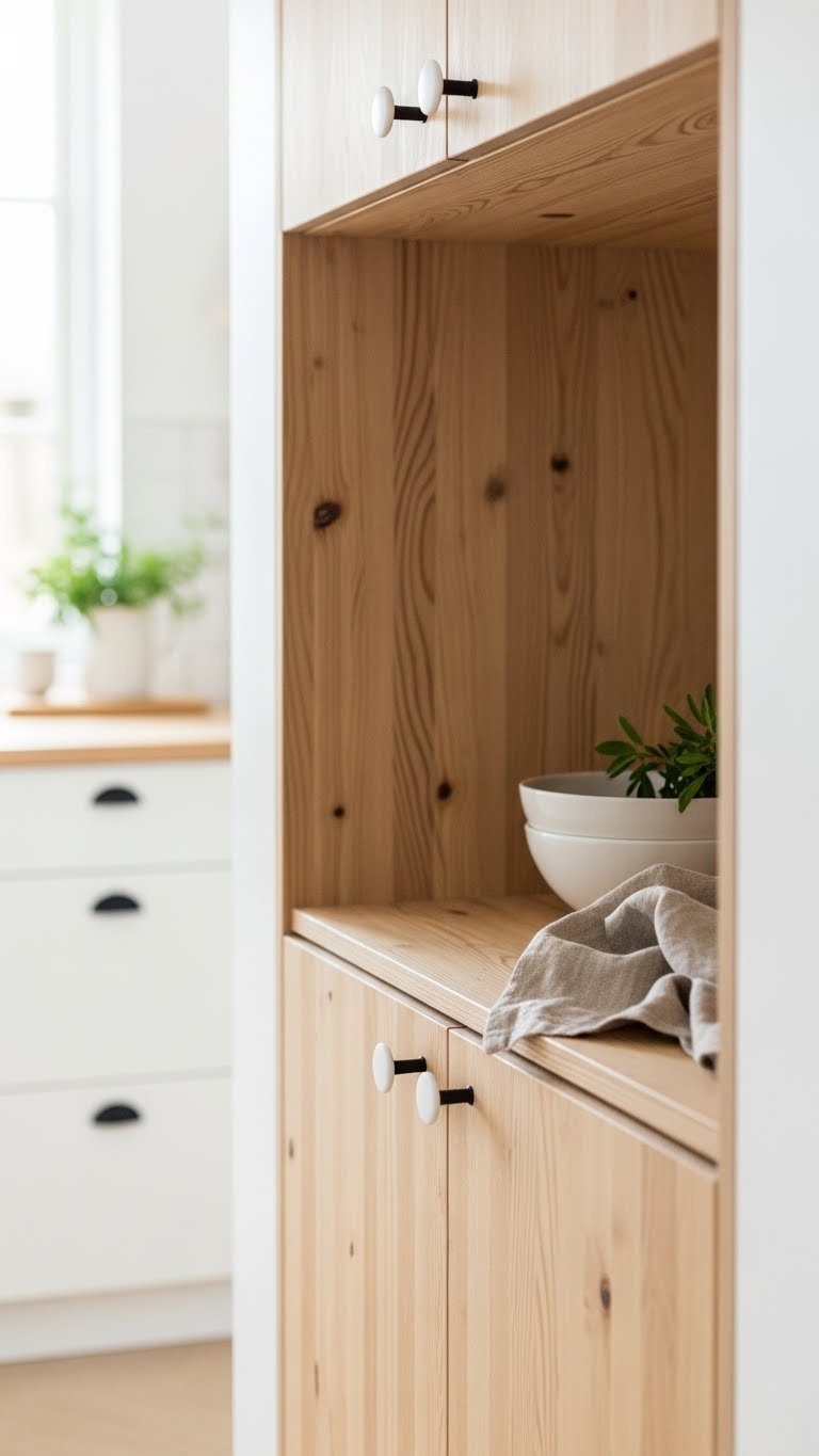 Close-up detail shot showcasing rich wood grain texture of Scandinavian pantry cabinetry with minimalist white background