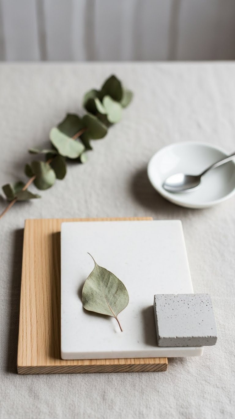 Close-up flat lay of Scandinavian kitchen materials including light ash wood, white quartz, and concrete samples on linen tablecloth