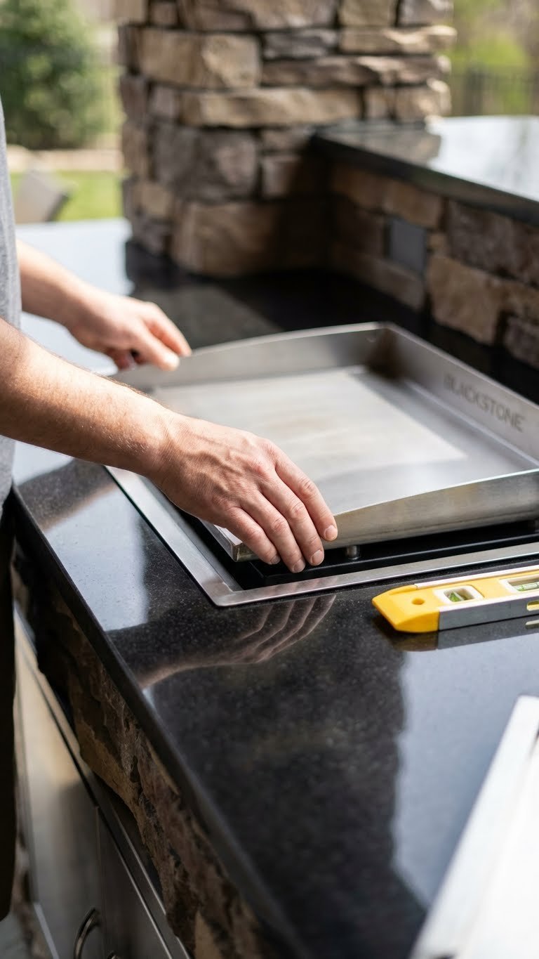 Outdoor Kitchen With Blackstone Griddle Complete Build Guide 13 Close-up hands installing Blackstone griddle into insulated jacket set in granite countertop cutout