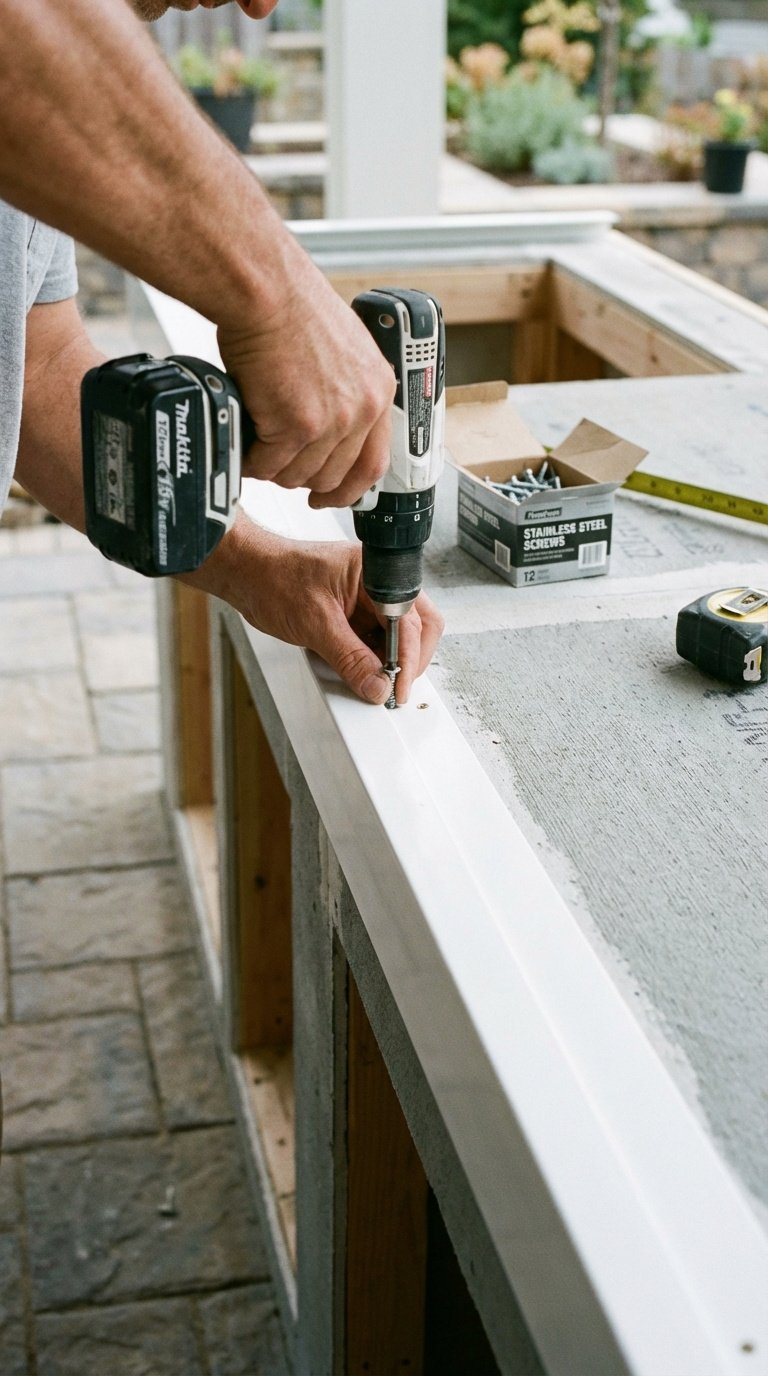 Outdoor Kitchen Concrete Countertops Complete Diy Guide 3 Close-up hands installing white Z Form square edge form onto cement board for concrete countertop