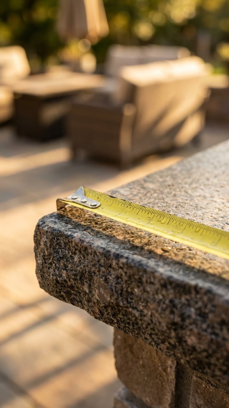 Outdoor Kitchen With Bar Complete Planning Design Guide 5 Close-up macro shot of yellow measuring tape extended across dark gray granite outdoor kitchen countertop with soft bokeh background