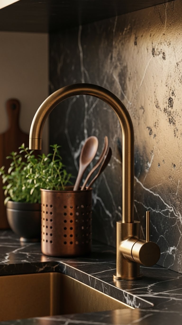 Close-up matte brass faucet, warm glint on dark textured backsplash with fresh herbs, in cozy golden hour light.