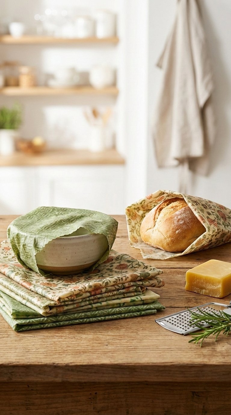 Easy Diy Kitchen Gifts: 11 Ideas That Look Pro &Amp; Cost Less 15 Close-up of DIY beeswax food wraps with patterned fabric wrapping bread on natural wooden table with eco-friendly elements.