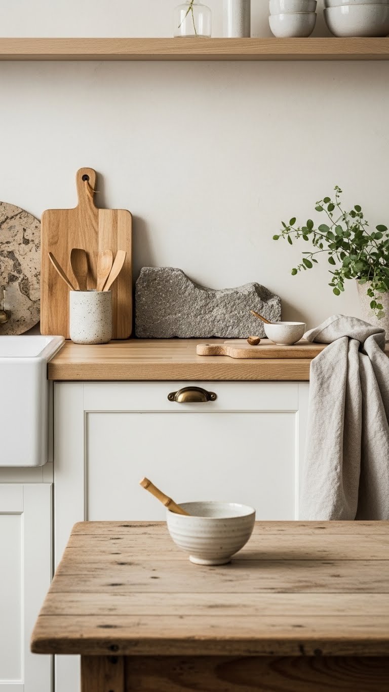 Close-up of Japandi kitchen showcasing natural wood countertop, textured ceramic backsplash, and handcrafted bowl with bamboo utensil details.