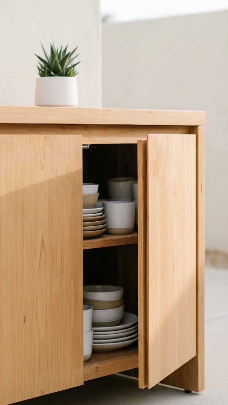 Outdoor Kitchen Japandi Design Guide For Serene Living 7 Close-up of Japandi outdoor kitchen storage with light cedar handle-free cabinet door slightly ajar revealing ceramic dishes