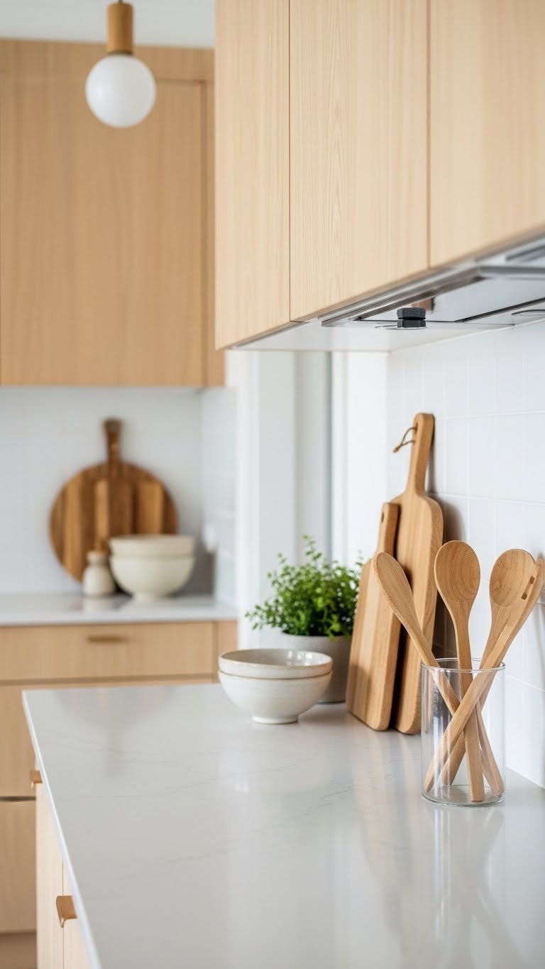 Close-up of Scandi kitchen countertop with light wood cabinetry, cutting board, and utensils bathed in warm natural window light.