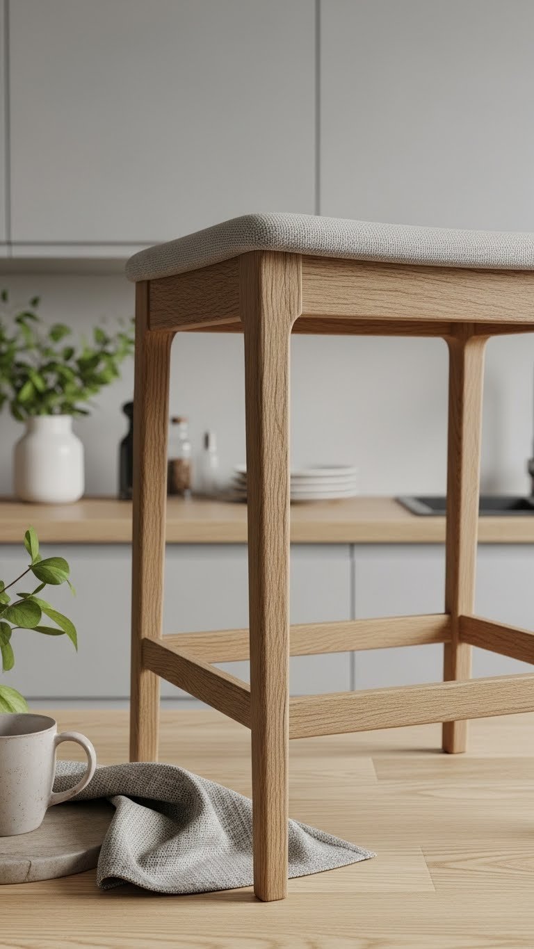 Close-up of Scandinavian bar stool highlighting oak wood grain and neutral fabric upholstery