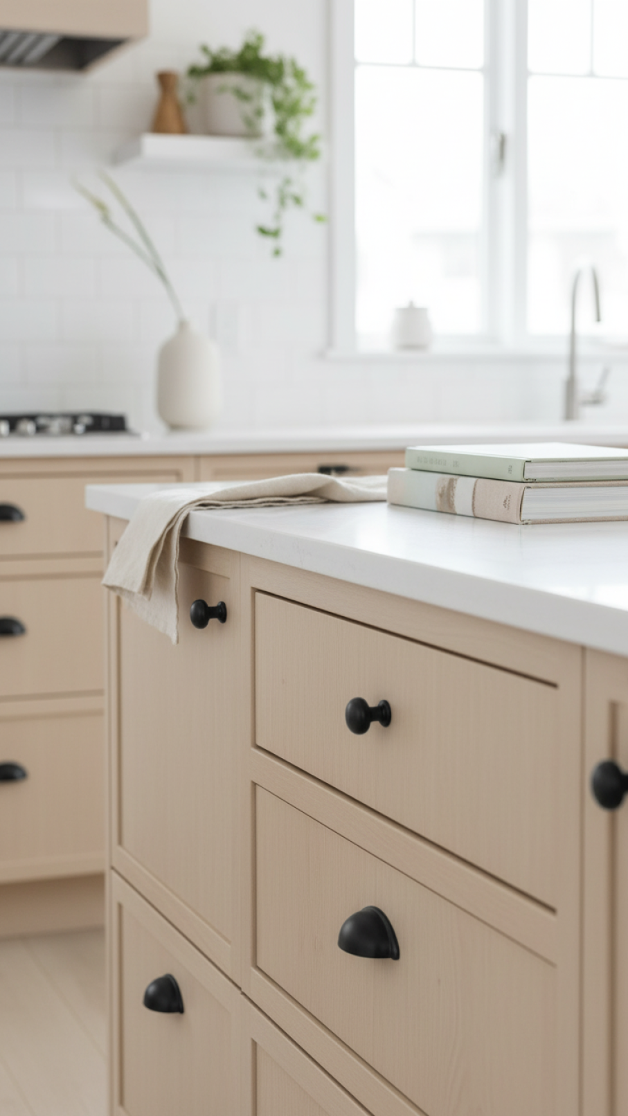 Close-up of Scandinavian kitchen cabinets with vintage brass hardware and light wood tones in soft daylight