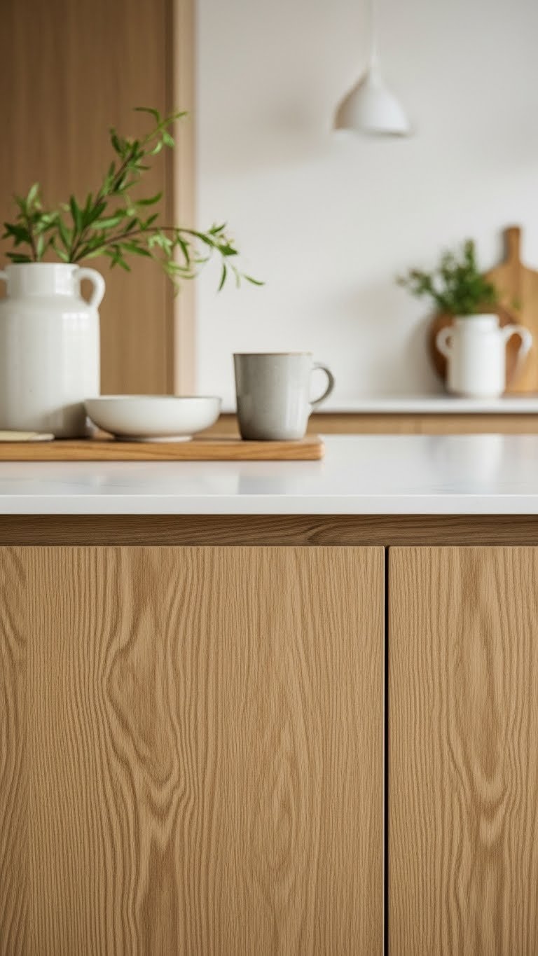 Close-up of Scandinavian oak kitchen cabinets showcasing light to smoked finishes with natural grain patterns in soft window lighting