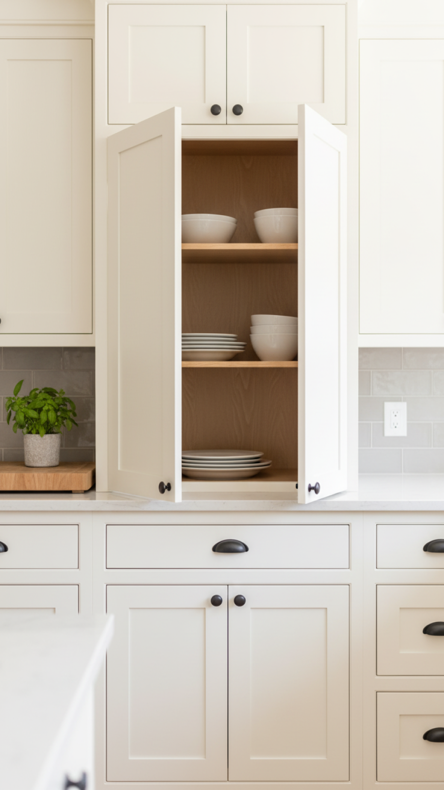 Close-up of Shaker-style kitchen cabinets in warm white with matte black hardware and ceramic dishes visible inside