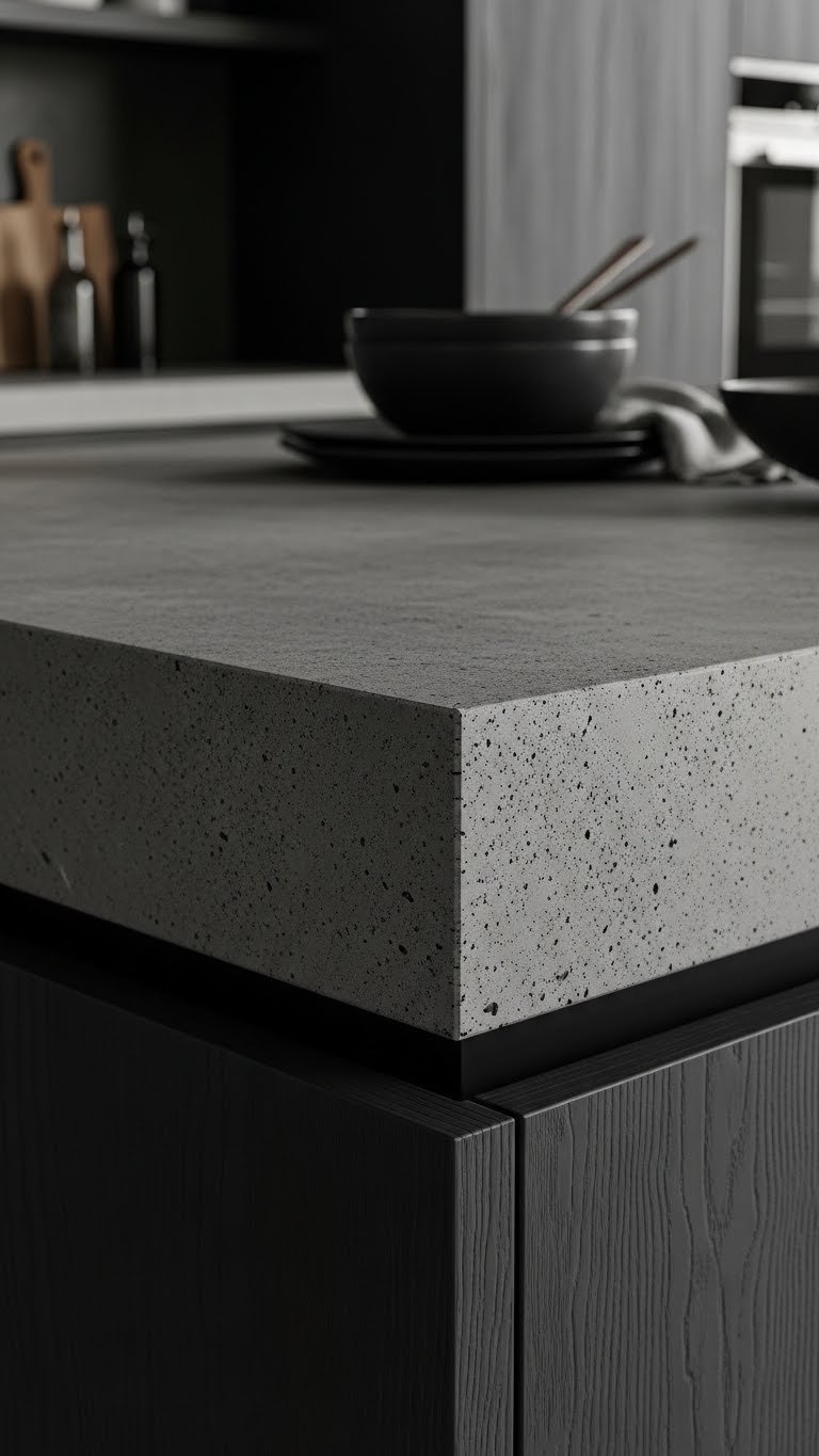 Close-up of a dark gray textured microcement kitchen island countertop contrasting with black cabinetry. Highlights rugged industrial kitchen design.