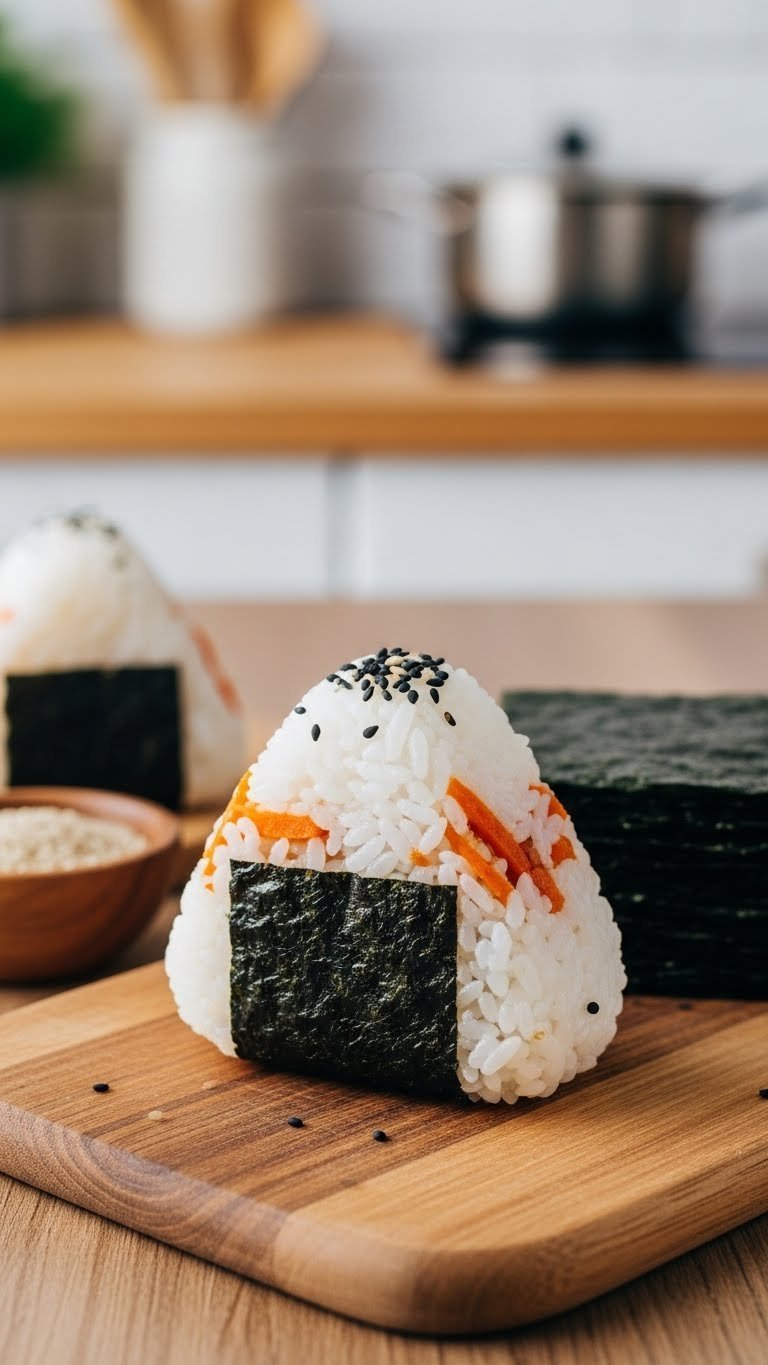 9 Smart Japanese Kitchen Gadgets For Home Cooks 1 Close-up of a freshly made onigiri rice ball with sesame seeds on a wooden board