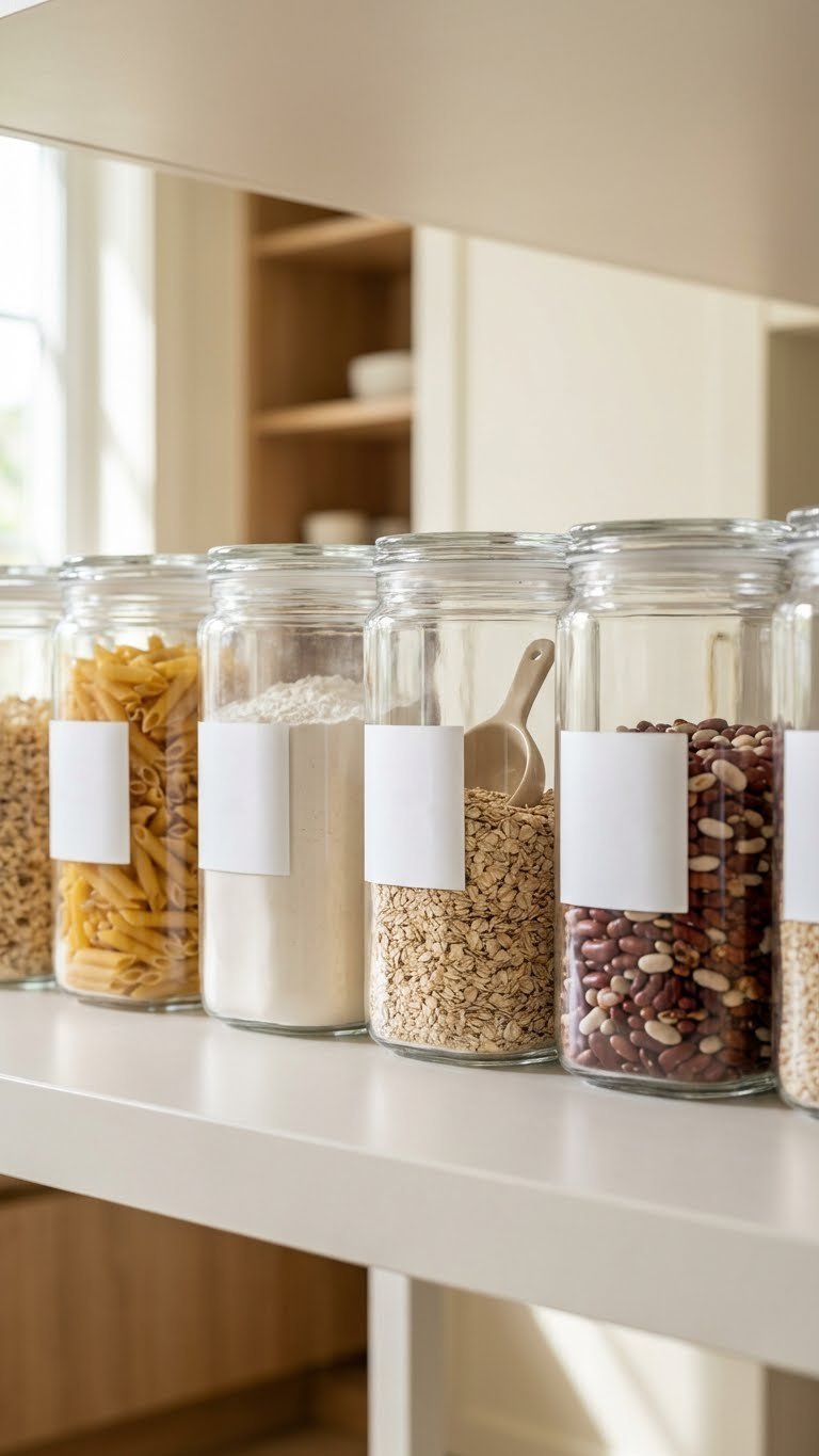 Minimalist Kitchen Pantry: 11 Smart Ideas To Organize 5 Close-up of a minimalist kitchen pantry shelf with a row of clear airtight containers holding pasta, flour, and oats.