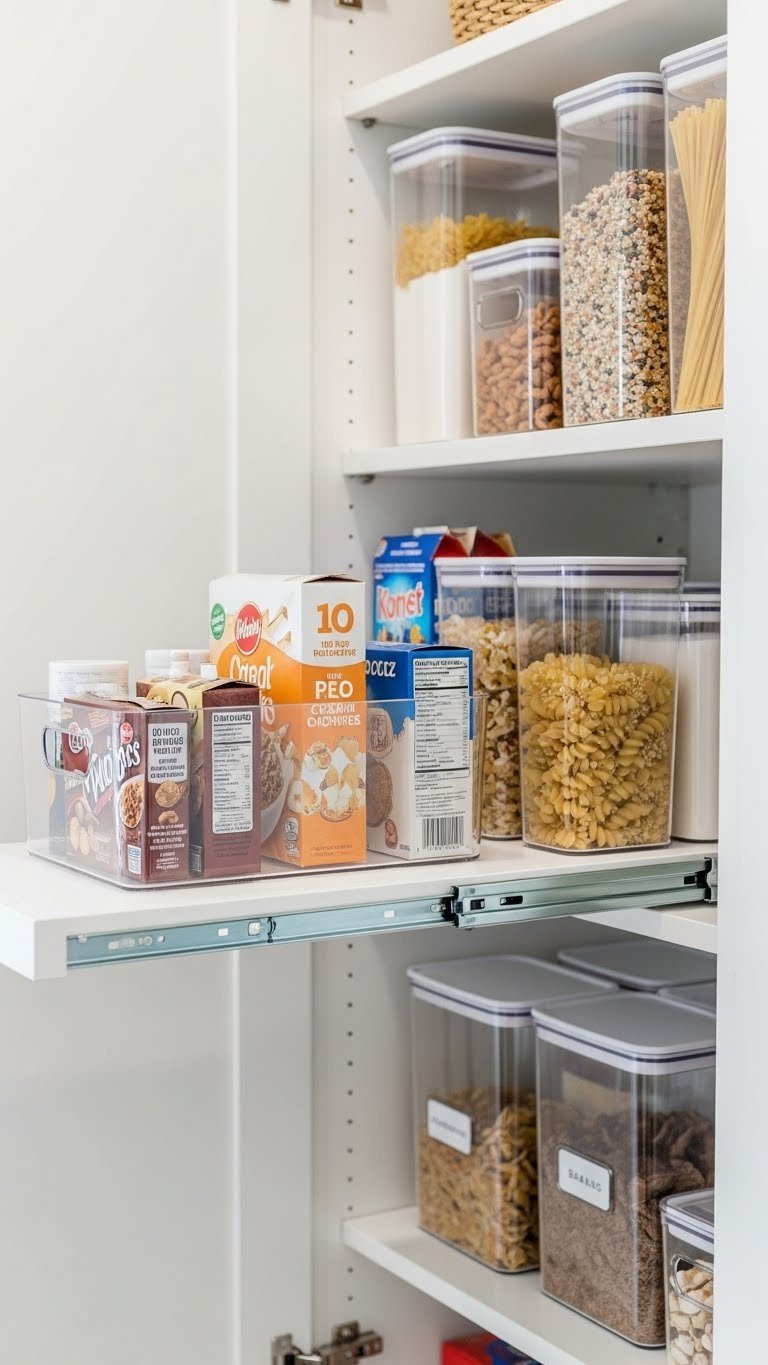 Close-up of a pantry shelf with clear sliding bins and adjustable dividers organizing cereal, pasta, and baking ingredients.