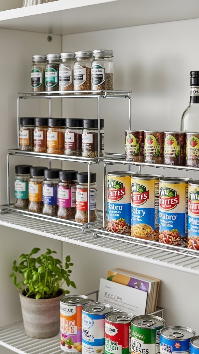 Close-up of a white wire pantry shelf showcasing tiered spice racks and can organizers with neatly arranged spices and canned goods.