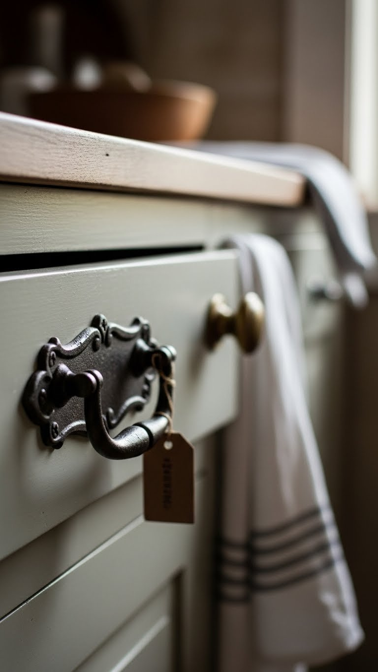 Rustic Kitchen On A Budget: 11 Genius Diy Ideas For Any Home 5 Close-up of antique-style metal pull handle on rustic kitchen drawer with soft sage green cabinet background