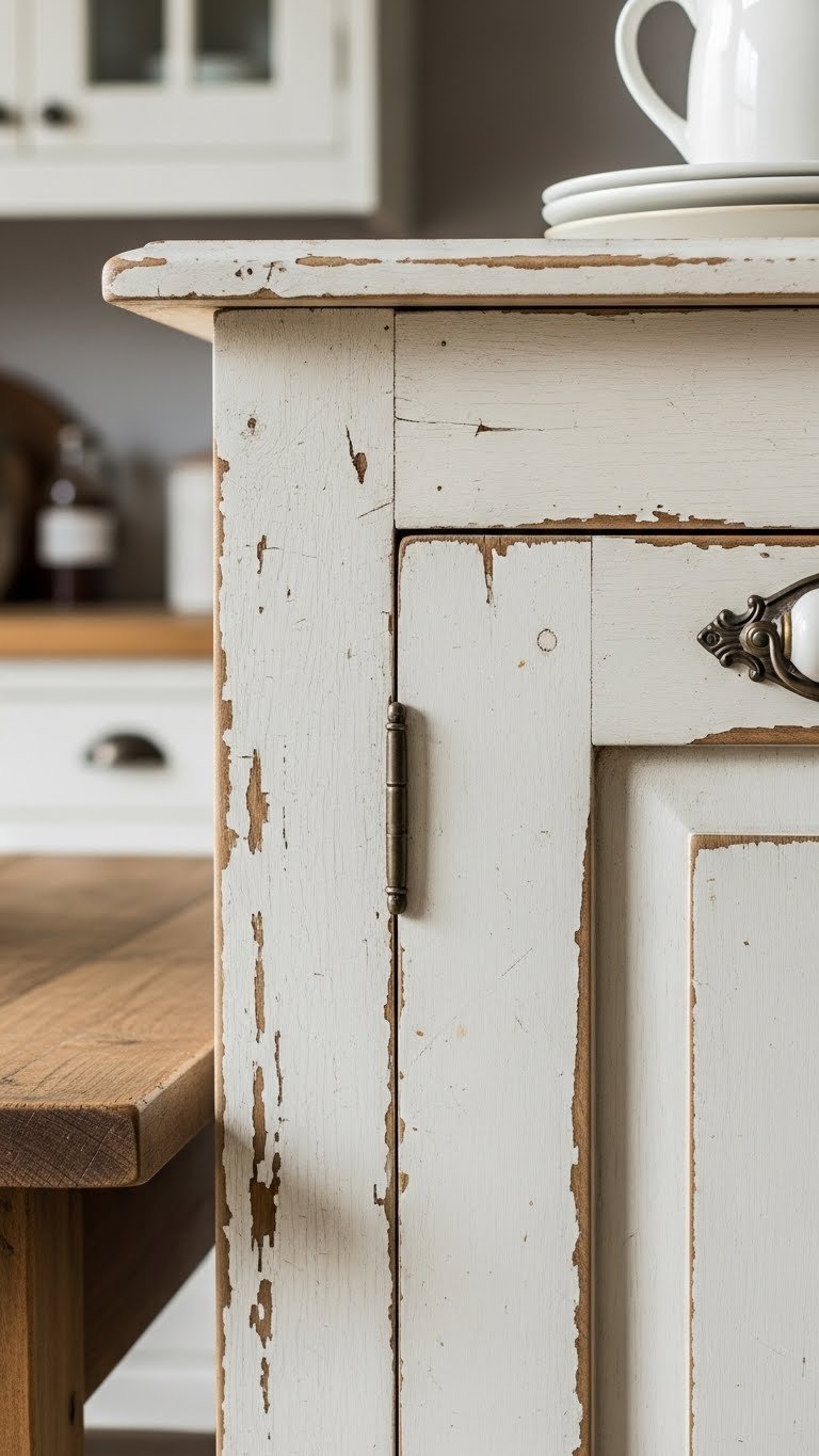 Close-up of antique white distressed wood kitchen cabinets showing visible grain and weathered edges with rustic character
