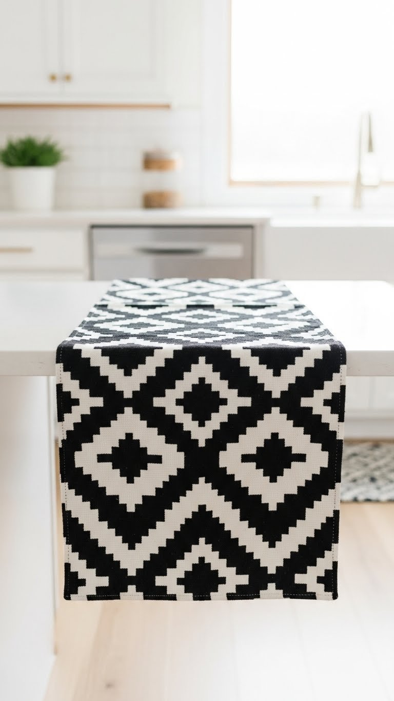 Close-up of black and white geometric scandi kitchen runner on light wood floor with soft bokeh background in modern kitchen setting