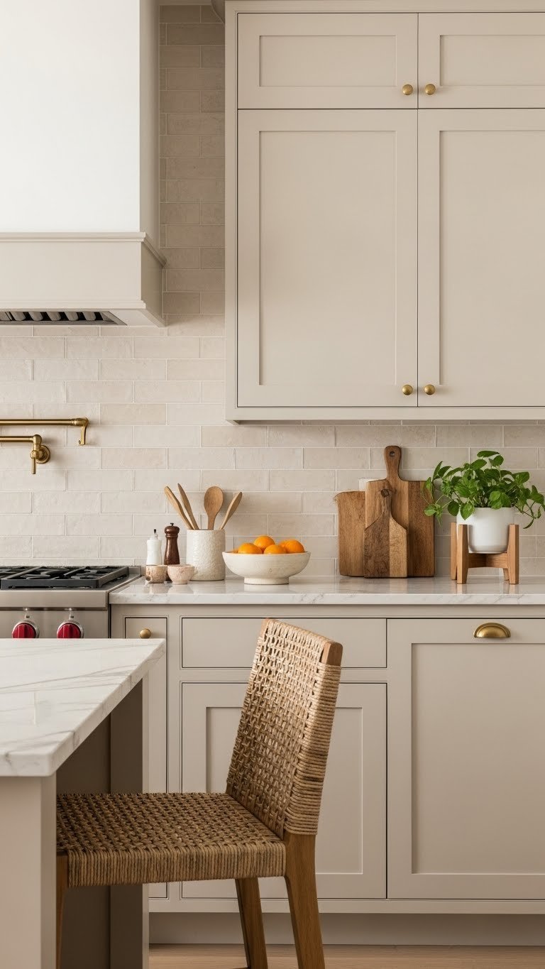 Close-up of blonde brick backsplash next to matte beige cabinets with polished marble countertop and woven bar stool