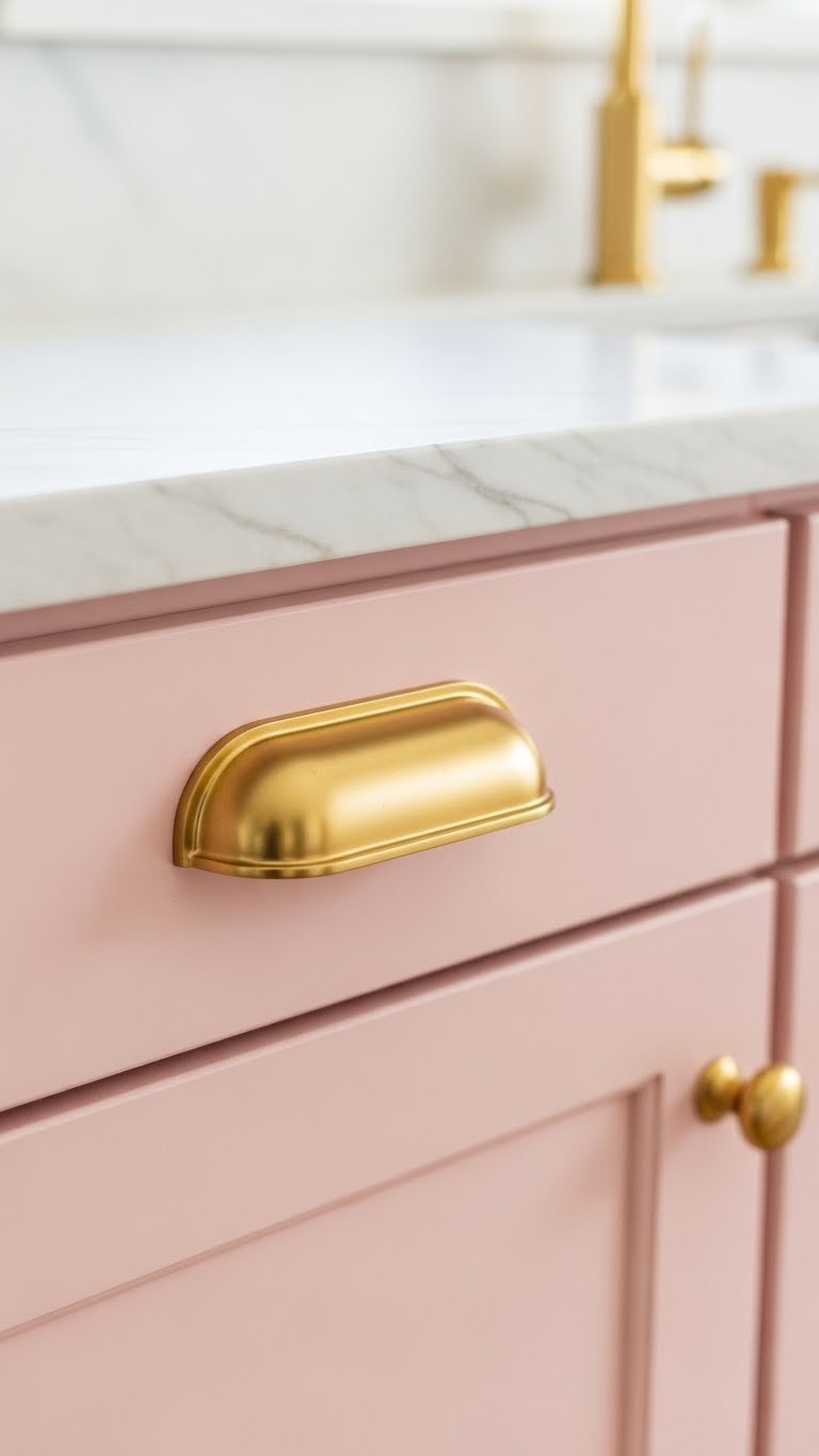 Proven Pink Small Kitchen Ideas: 9 Ways To Maximize Space 7 Close-up of blush pink kitchen cabinet with matte gold pull handle against white marble countertop background.