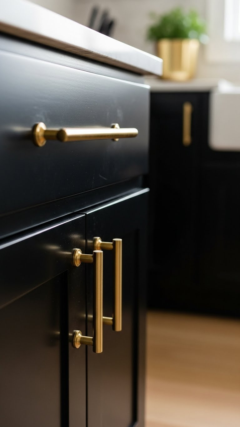 Close-up of brass hardware on matte black cabinet drawer with warm golden hour lighting creating luxurious contrast.