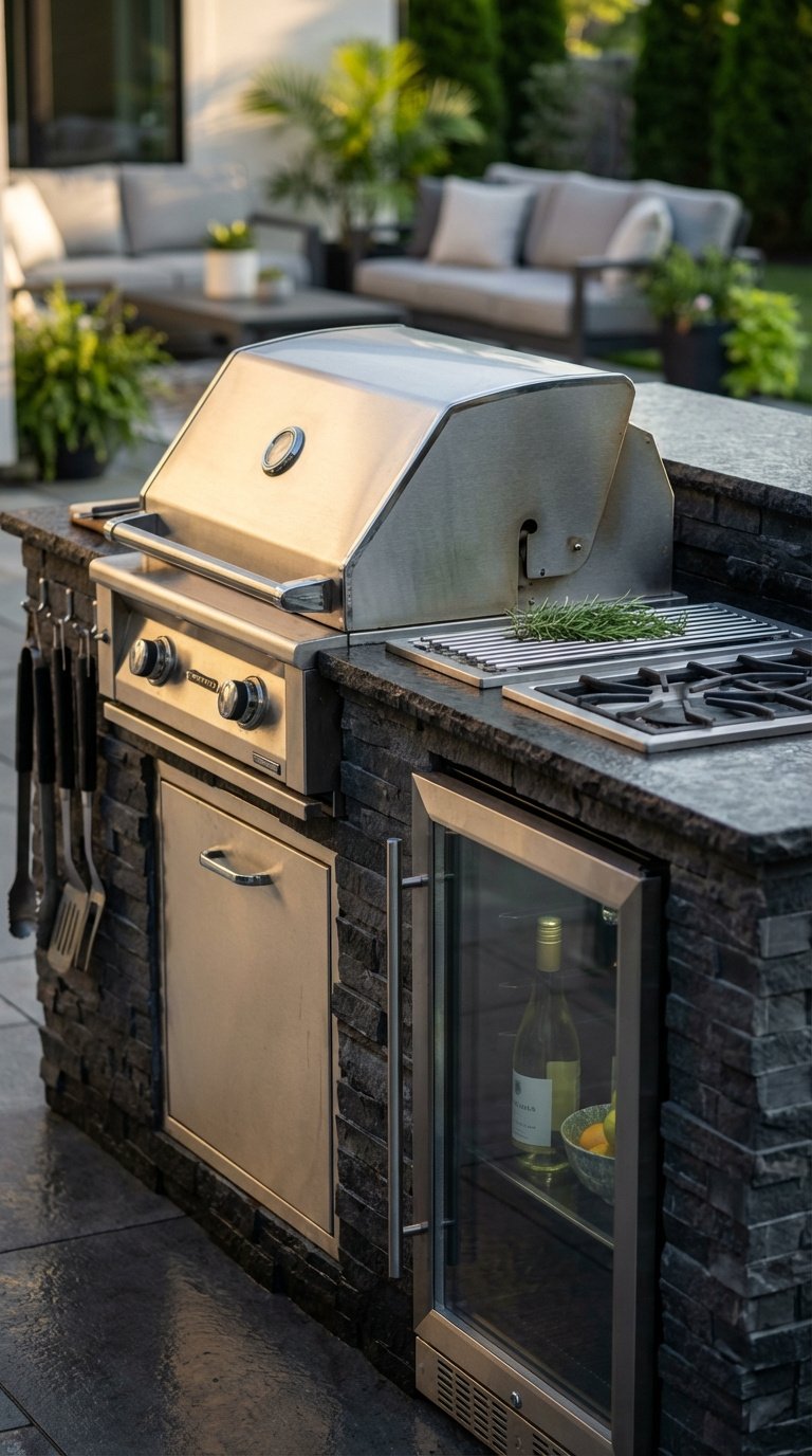 Outdoor Kitchen L Shape Complete Planning And Design Guide 6 Close-up of built-in stainless steel grill, side burner, and outdoor refrigerator integrated into dark stone outdoor kitchen island
