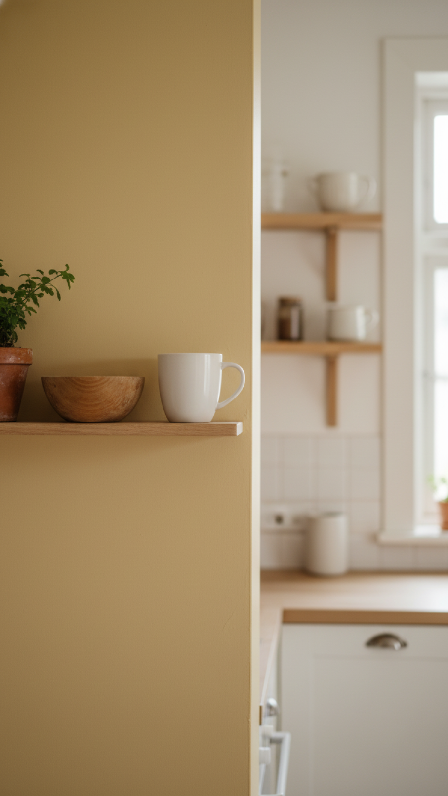 Close-up of butter yellow Scandinavian kitchen cabinets with soft bokeh background featuring terracotta plant and natural wood accents in warm lighting
