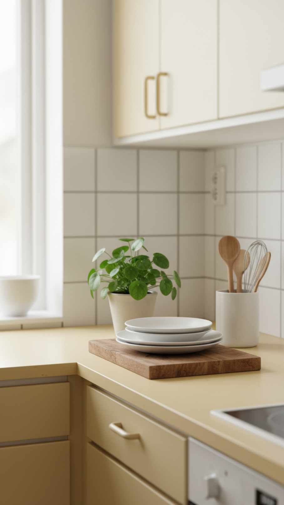 Close-up of butter yellow kitchen countertop with white ceramics, wooden cutting board, and small green plant in soft natural lighting