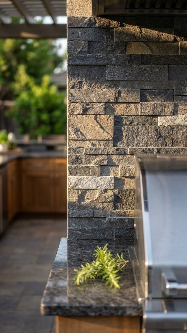 Close-up of charcoal gray stacked stone backsplash behind stainless steel grill with warm golden hour lighting and rosemary sprig