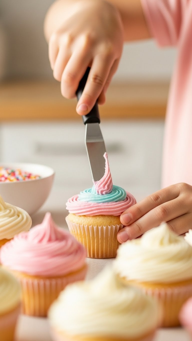 11 Essential Kitchen Gadgets For Kids To Use In 2025 15 Close-up of child's hand spreading colorful frosting on cupcake using offset spatula