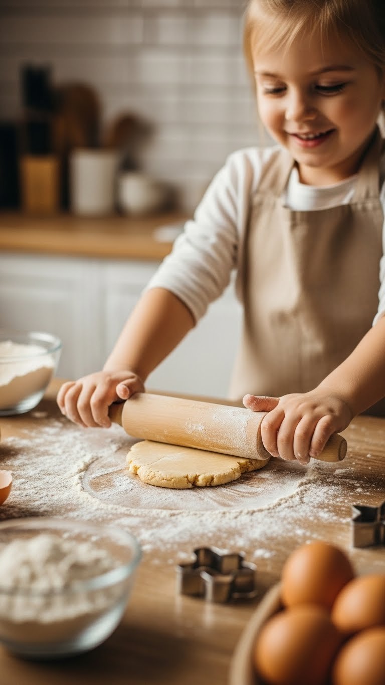 Close-up of child's hands rolling cookie dough with silicone rolling pin on floured wooden surface