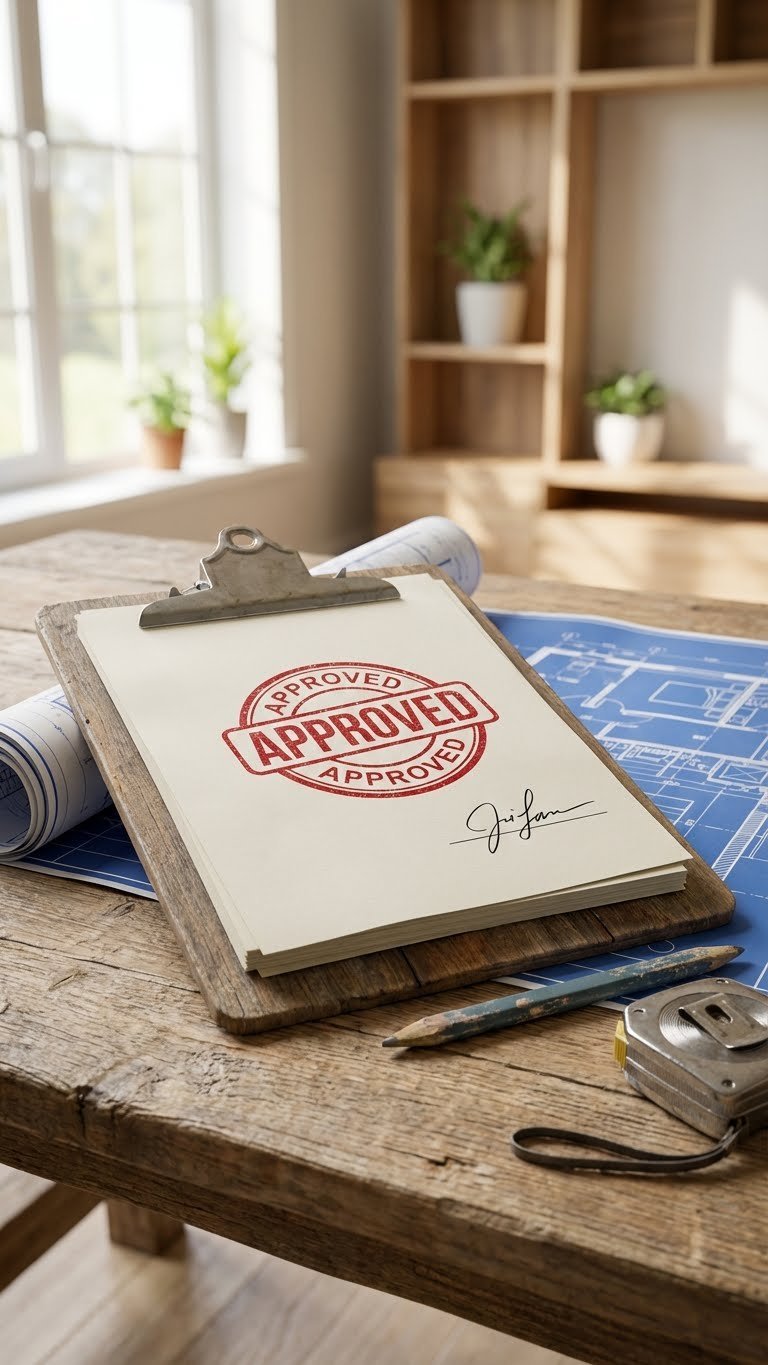 Outdoor Kitchen On Deck Planning Guide For Safe Stylish Builds 17 Close-up of clipboard holding approved building permit resting on architectural blueprints with carpenter's tools