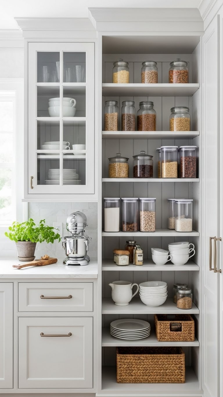 Butlers Pantry Ideas: Ultimate Plan, Design, Organize 2 Close-up of custom butlers pantry featuring white shaker cabinets, glass-front uppers, organized clear containers, and elegant dishware.