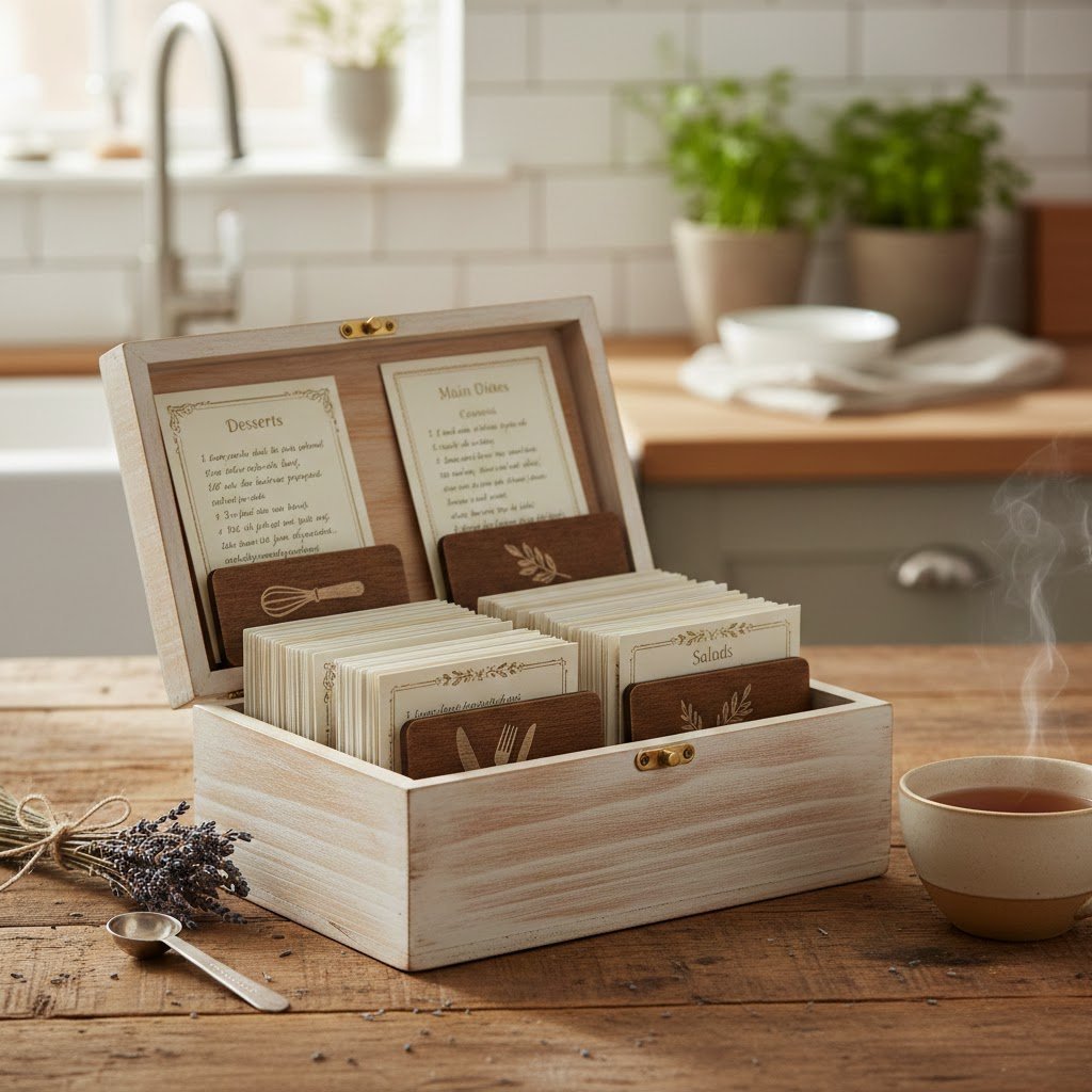Easy Diy Kitchen Gifts: 11 Ideas That Look Pro &Amp; Cost Less 19 Close-up of customizable wooden recipe box with handwritten cards and dividers on rustic table with vintage measuring spoon.