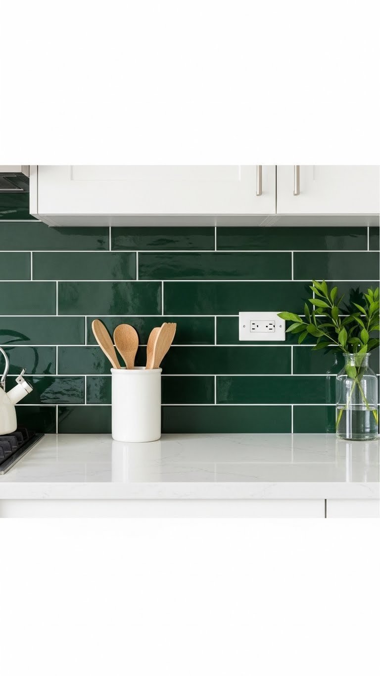 Close-up of dark forest green square tiles in straight stack pattern with white grout on white quartz countertop