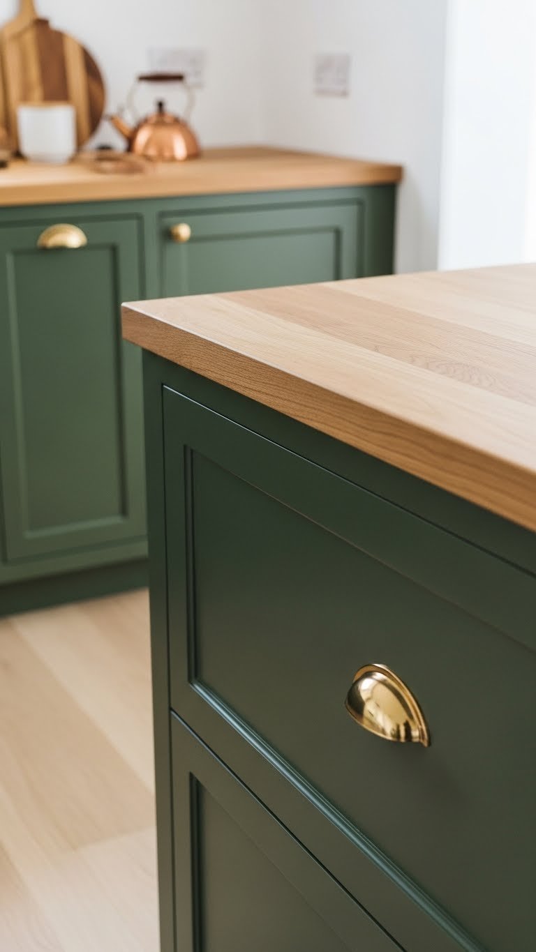 Close-up of dark olive green kitchen cabinets and natural wood countertop, highlighting textural contrast, with a copper kettle.