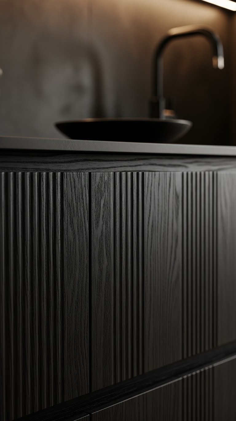 Close-up of dark textured kitchen cabinetry, highlighting wood grain or fluted matte finish with subtle shadows and metallic hardware.