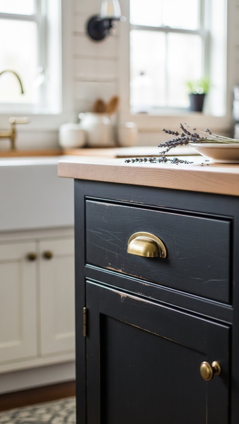 Close-up of distressed black kitchen cabinets with antique brass hardware on rustic wooden countertop featuring dried lavender accents
