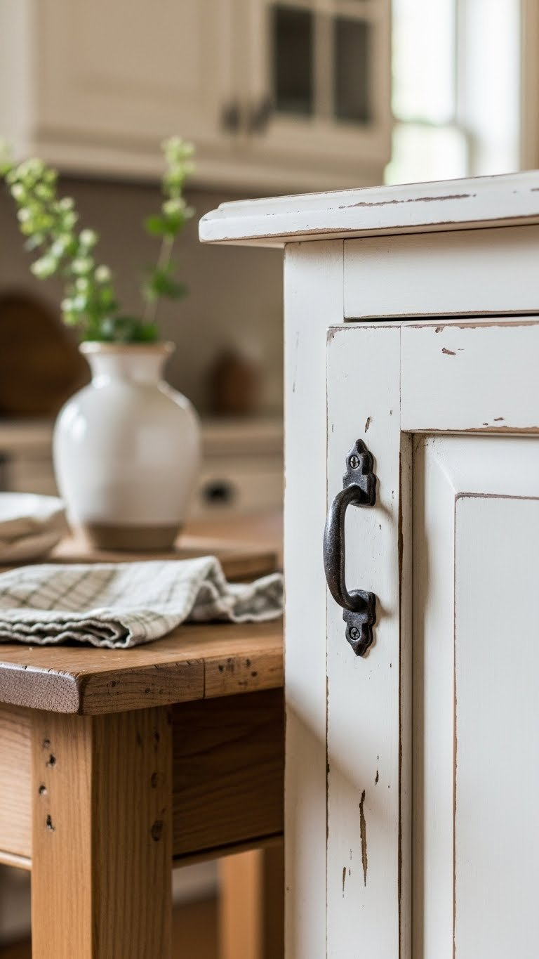 Small Rustic Kitchen: 9 Diy &Amp; Budget-Friendly Ideas 3 Close-up of distressed white painted kitchen cabinet with wrought iron pull handle and visible wood grain