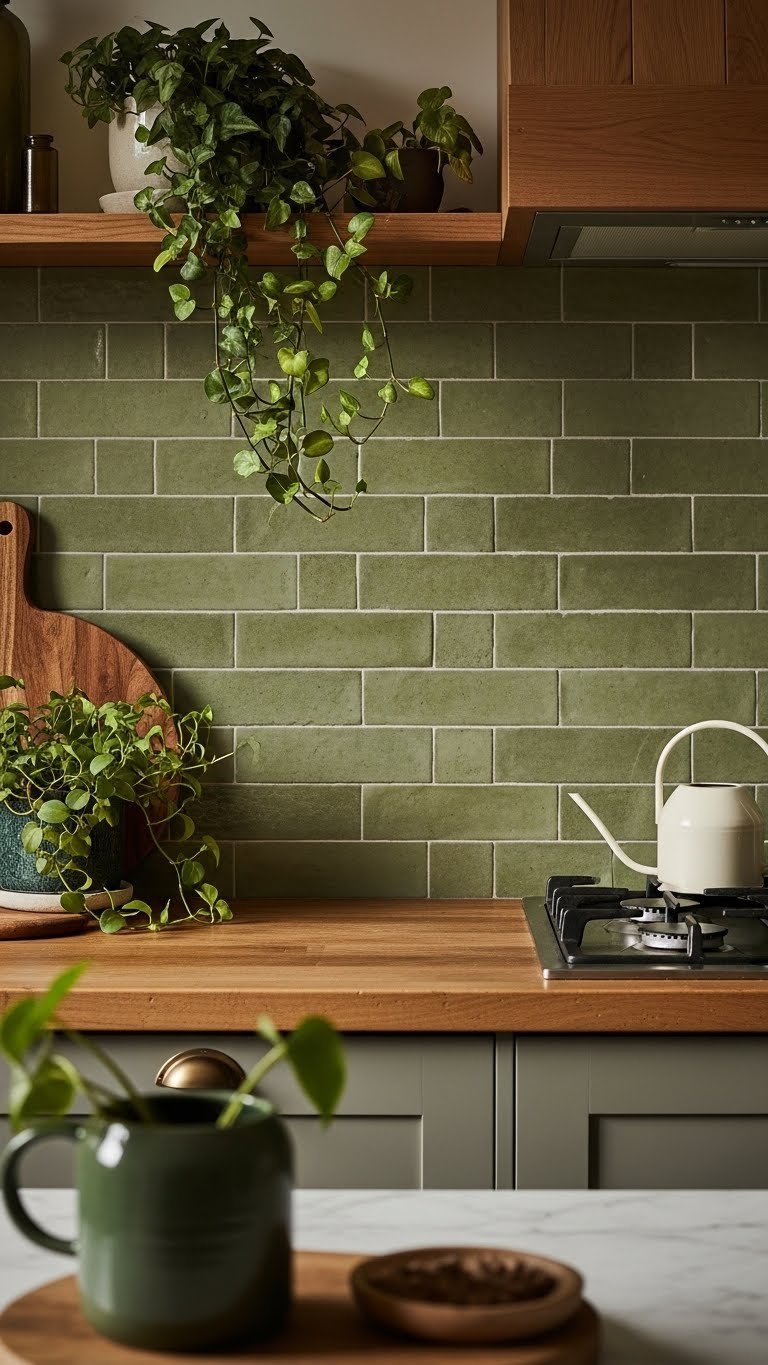 Close-up of earthy green terracotta tiles in straight stack pattern above reclaimed wood countertop with abundant plants