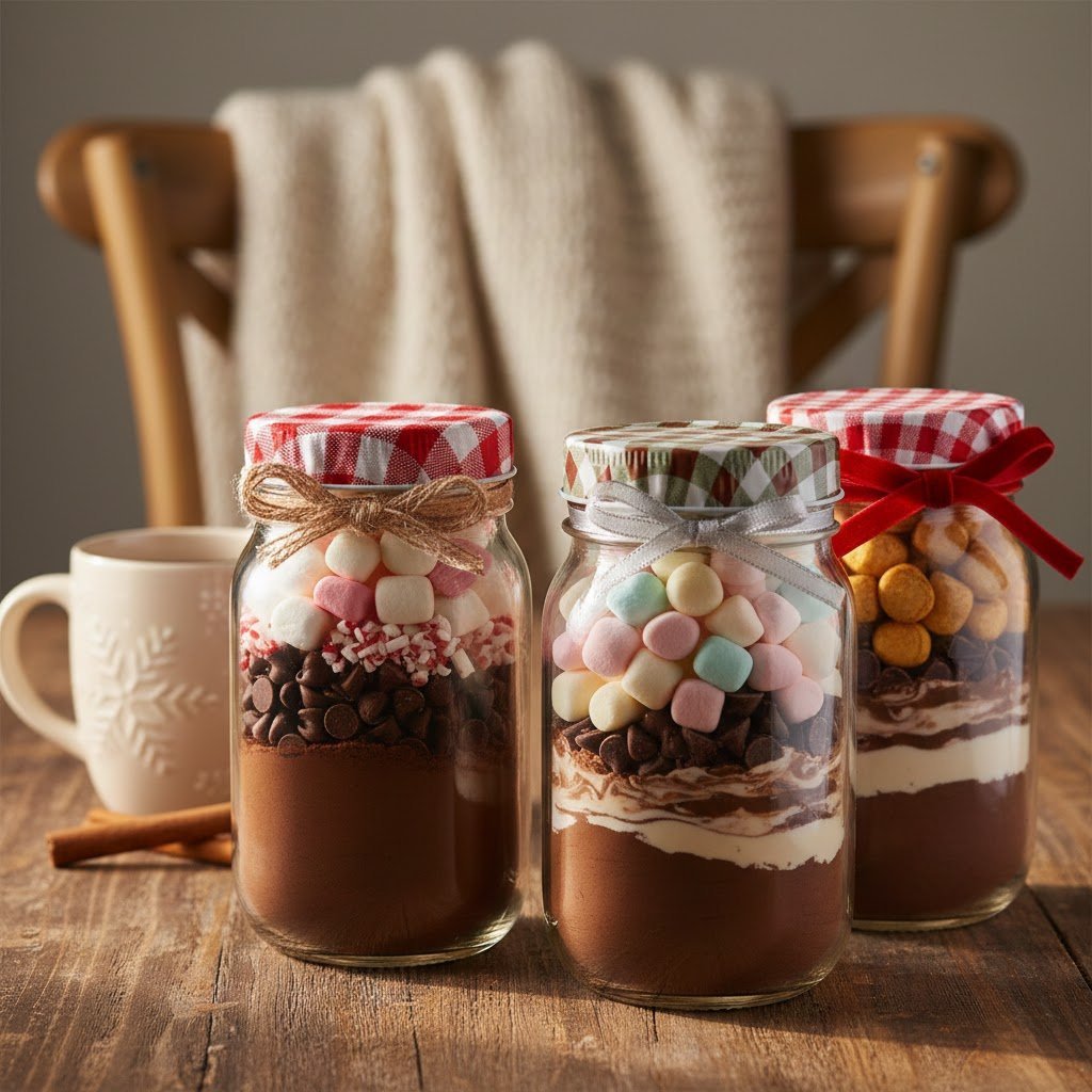 Easy Diy Kitchen Gifts: 11 Ideas That Look Pro &Amp; Cost Less 11 Close-up of gourmet hot cocoa jars with layers of chocolate and marshmallows on rustic table with holiday mug and cinnamon stick.