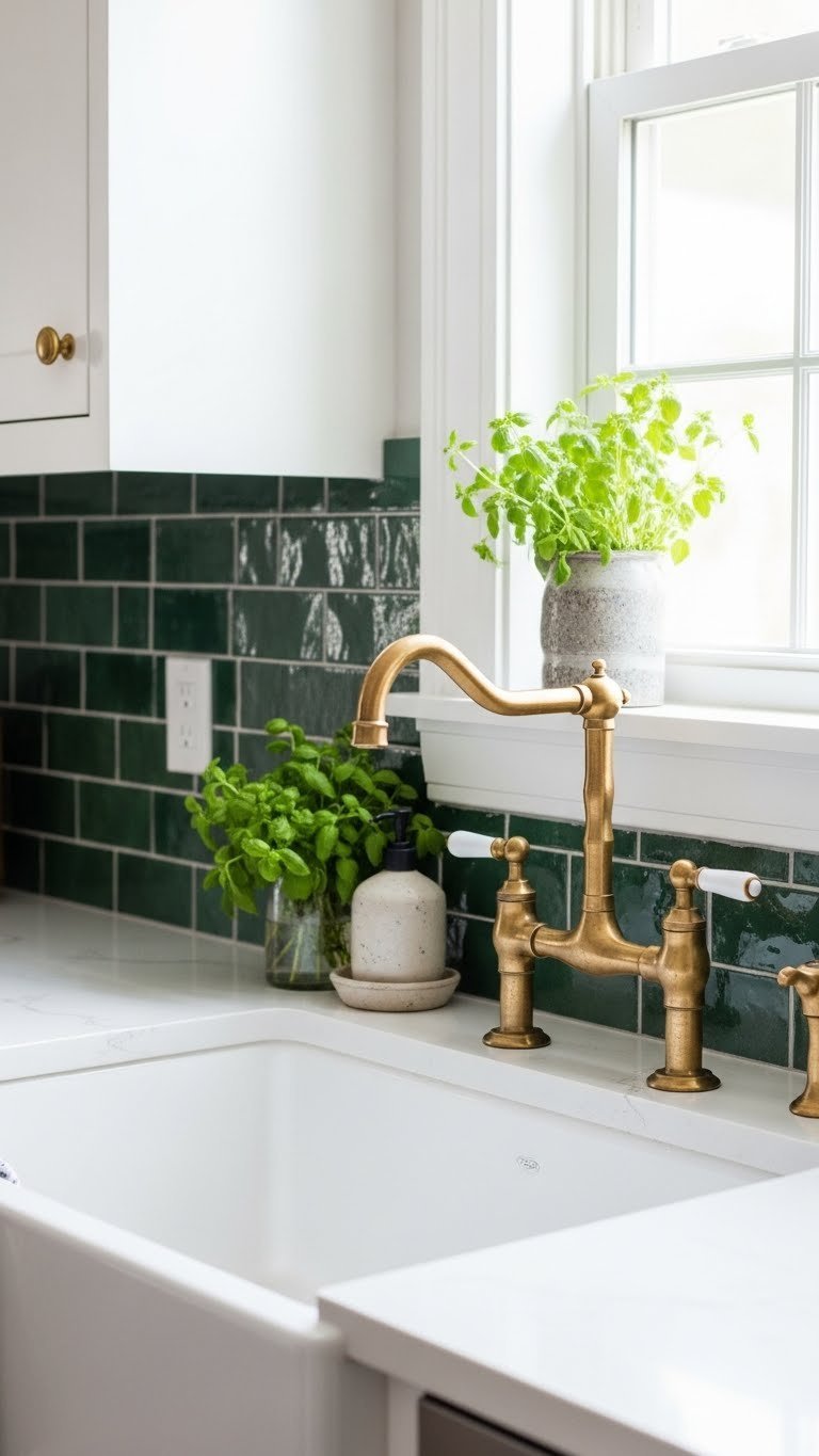 Close-up of hand-cut emerald green Zellige tiles creating textured backsplash above white farmhouse sink with brass faucet