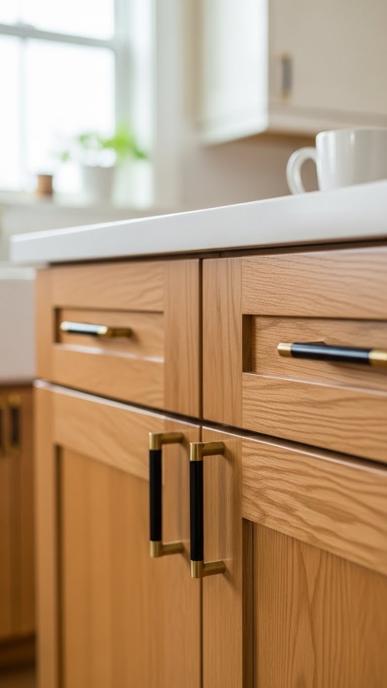 Close-up of honey-toned oak kitchen cabinet door with black or gold pulls against soft bokeh background