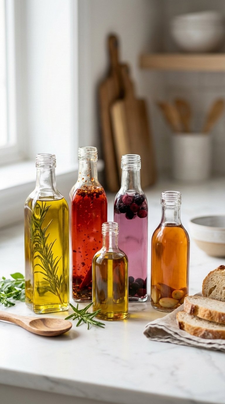 Easy Diy Kitchen Gifts: 11 Ideas That Look Pro &Amp; Cost Less 1 Close-up of infused olive oil and vinegar bottles with rosemary and chili flakes on white marble countertop with artisan bread and soft natural lighting.