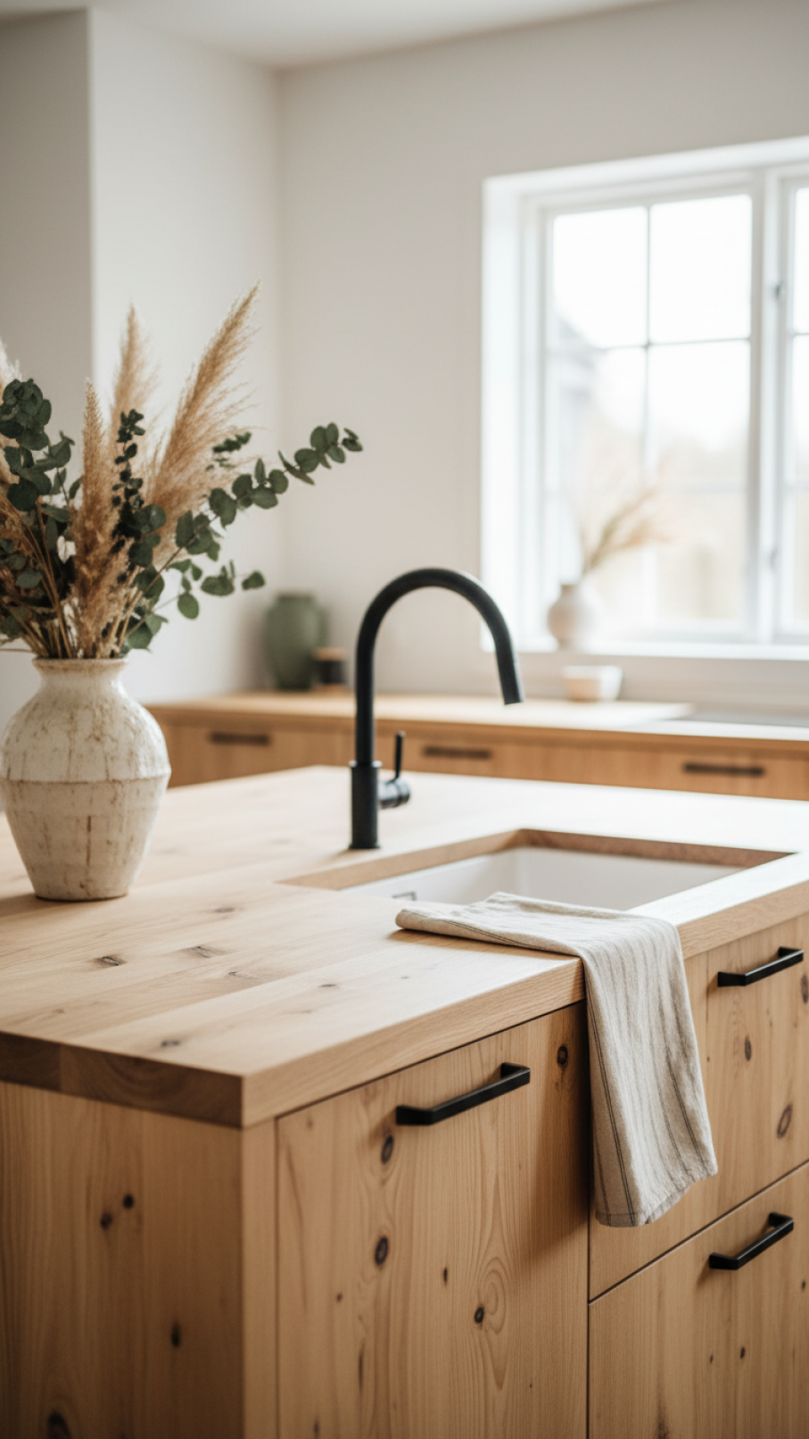 Close-up of light-toned natural wood kitchen cabinets with visible grain and knots in a scandi rustic kitchen with soft natural lighting
