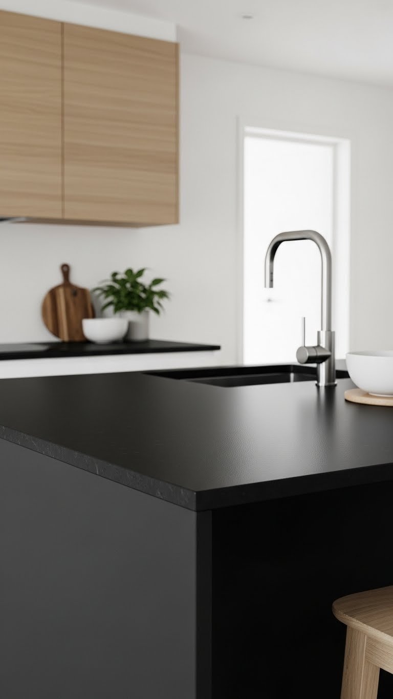 Close-up of matte black Scandinavian kitchen countertop with white ceramic bowl and green plant under natural window lighting